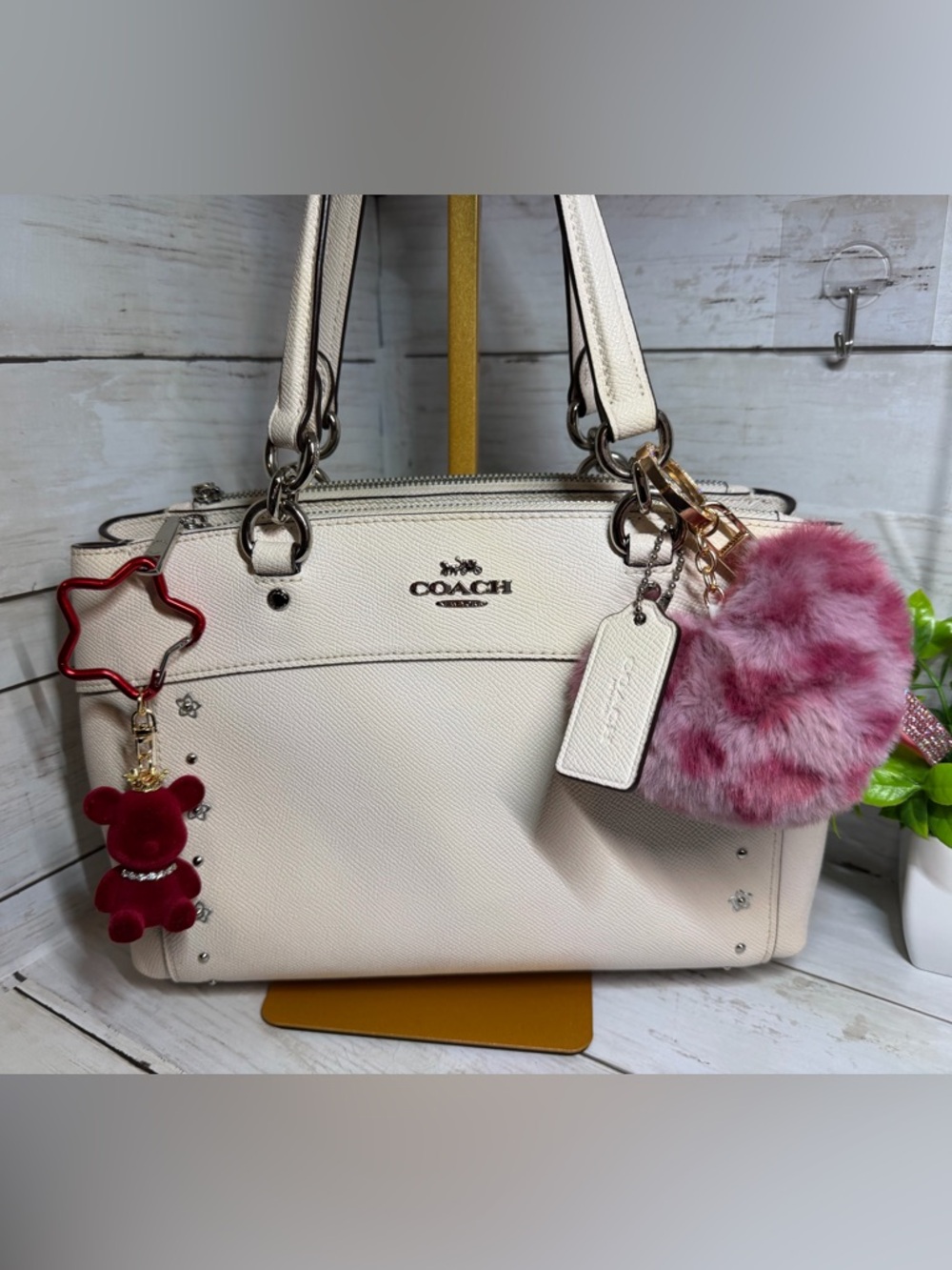 Coach mini Brooke Carryall White Leather Satchel with Pink Fur Charm